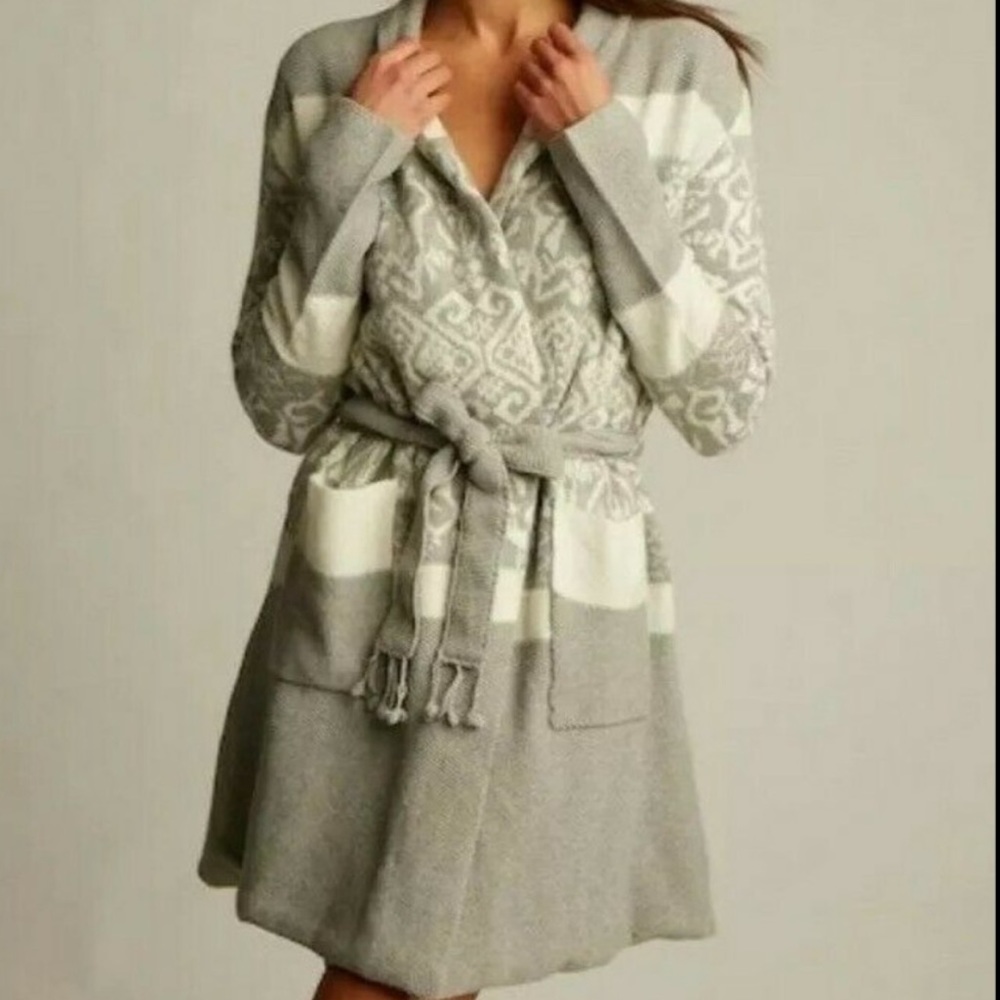 Lemon Womens Long Gray/White Tunic sweater Sz‎ S/M Open Front Lined, Pockets NWT
